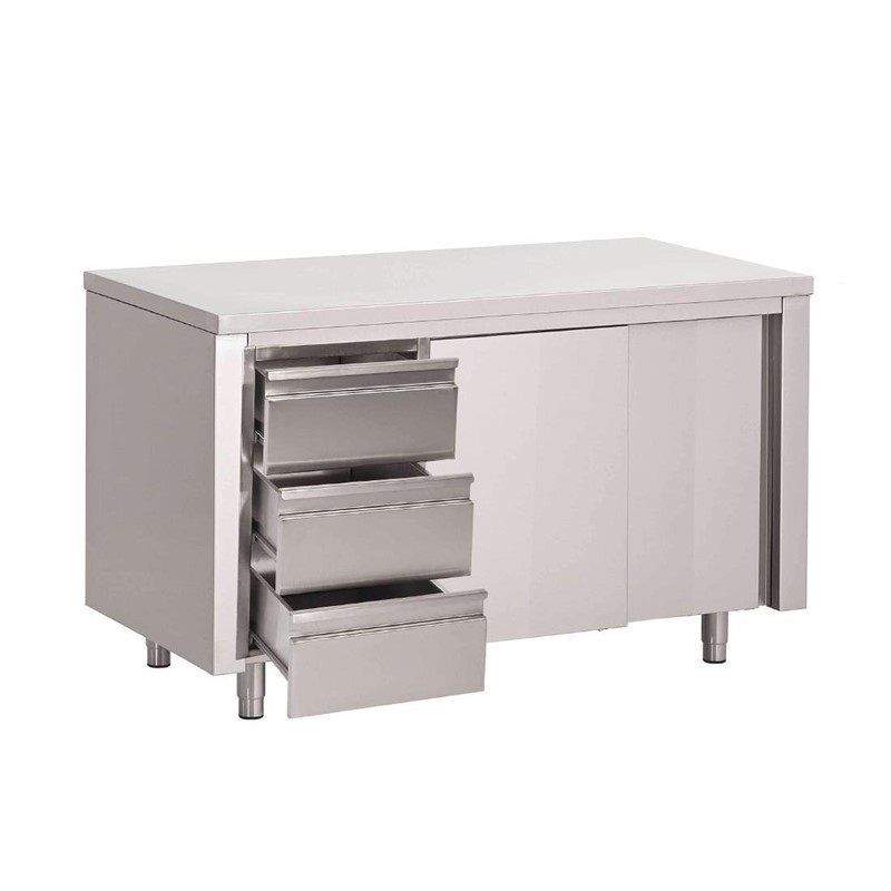 Table armoire inox avec portes coulissantes et 3 tiroirs à gauche Gastro M 1800 x 700 x 880mm