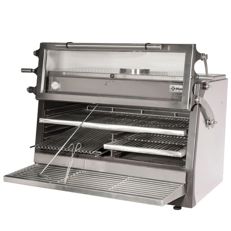 Four-BBQ  à charbon, GN 2/1+ GN1/1(150 Kg/h) - Porte relevable /Inox