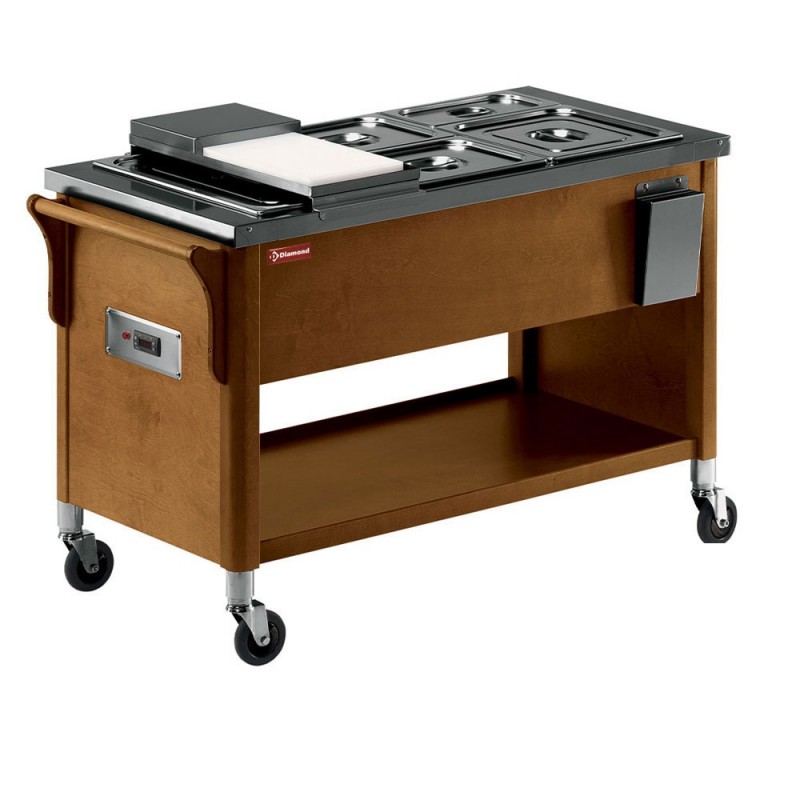 Chariot en bois, bac bain marie 3x GN 1/1