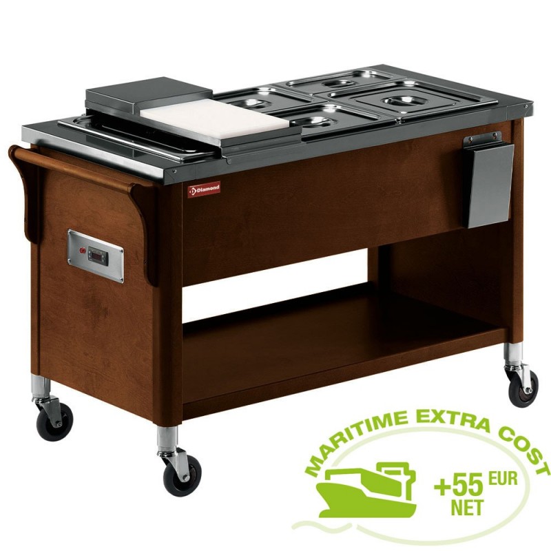Chariot en bois, bac bain marie 3x GN 1/1 Wengé