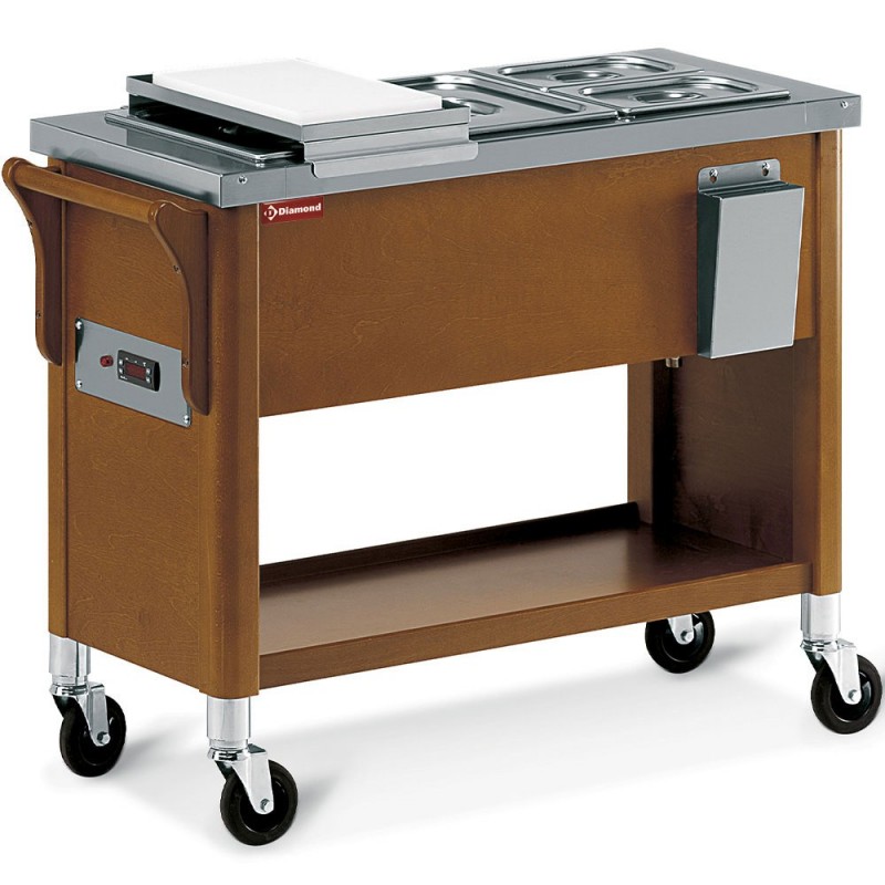 Chariot en bois, bac bain marie 3x GN 1/2