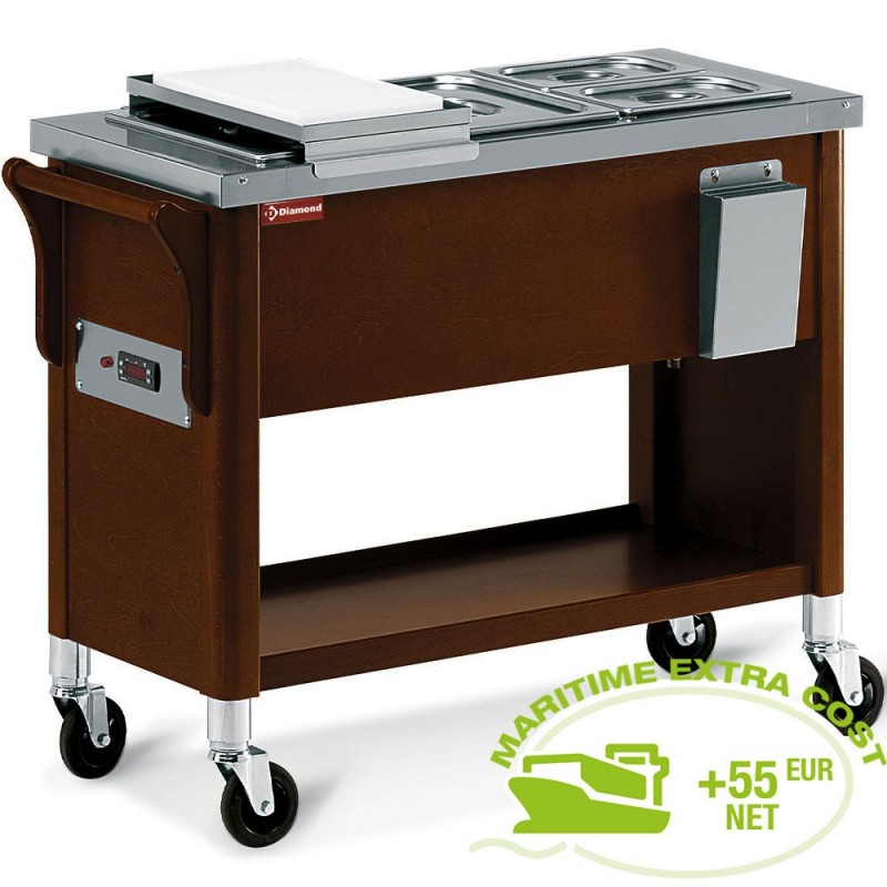 Chariot en bois, bac bain marie 3x GN 1/2 Wengé