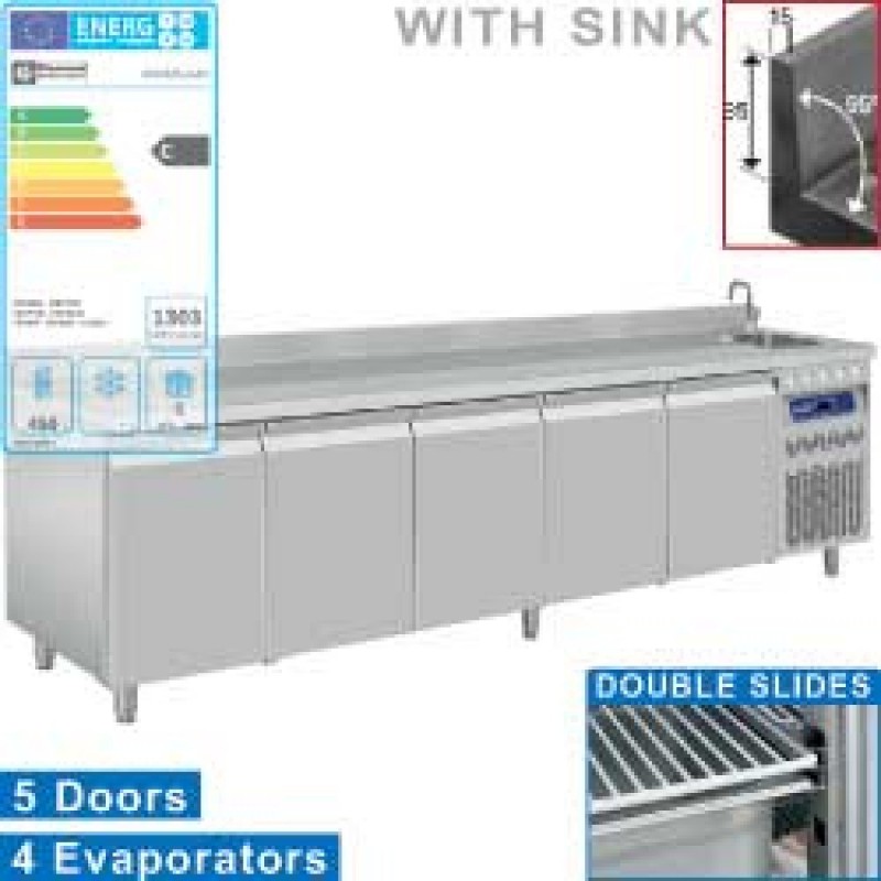 Table frigorifique "murale", ventilée, 5 portes GN 1/1, avec évier