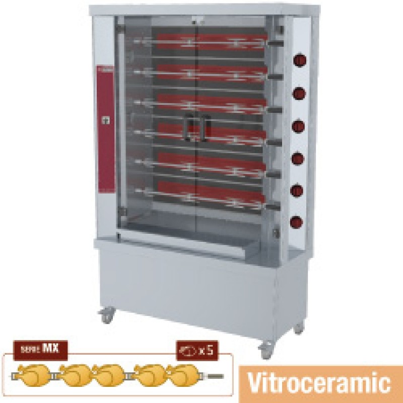 Rôtissoire à poulets vitrocéramique, 6 broches (30 poulets)