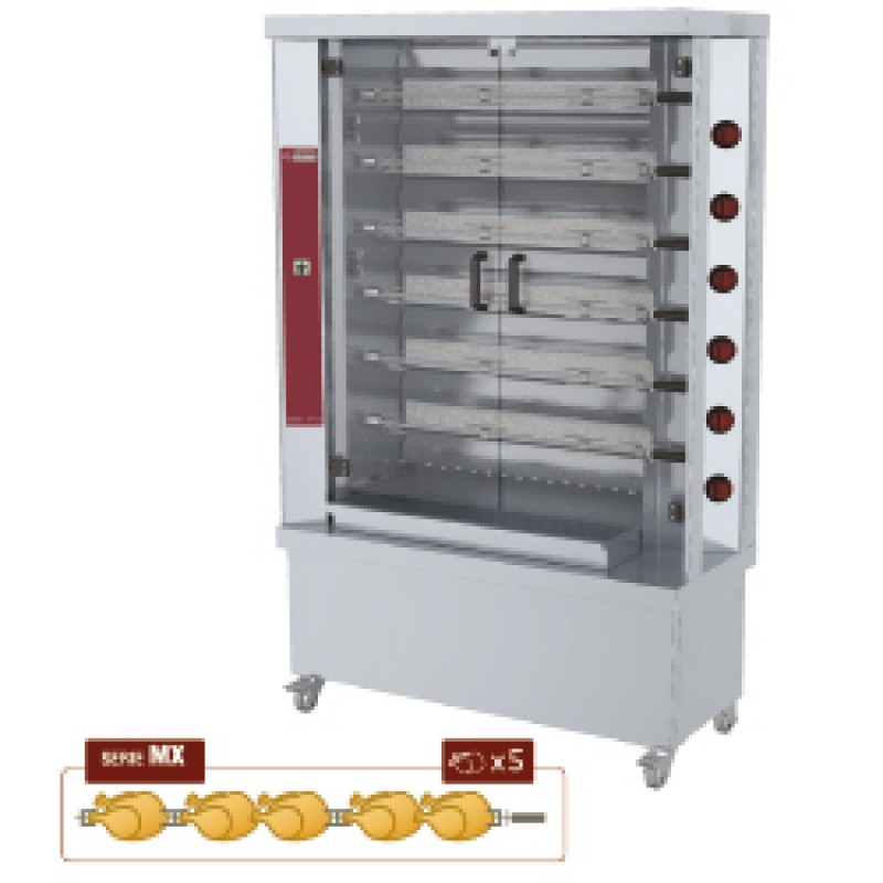 Rôtissoire à poulets gaz, 6 broches, sur roues (30 poulets)