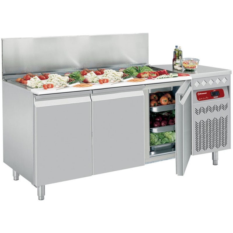 Table frigorifique ventilée, 3 portes GN 1/1, 405 Lit. avec saladette réfrigérée GN