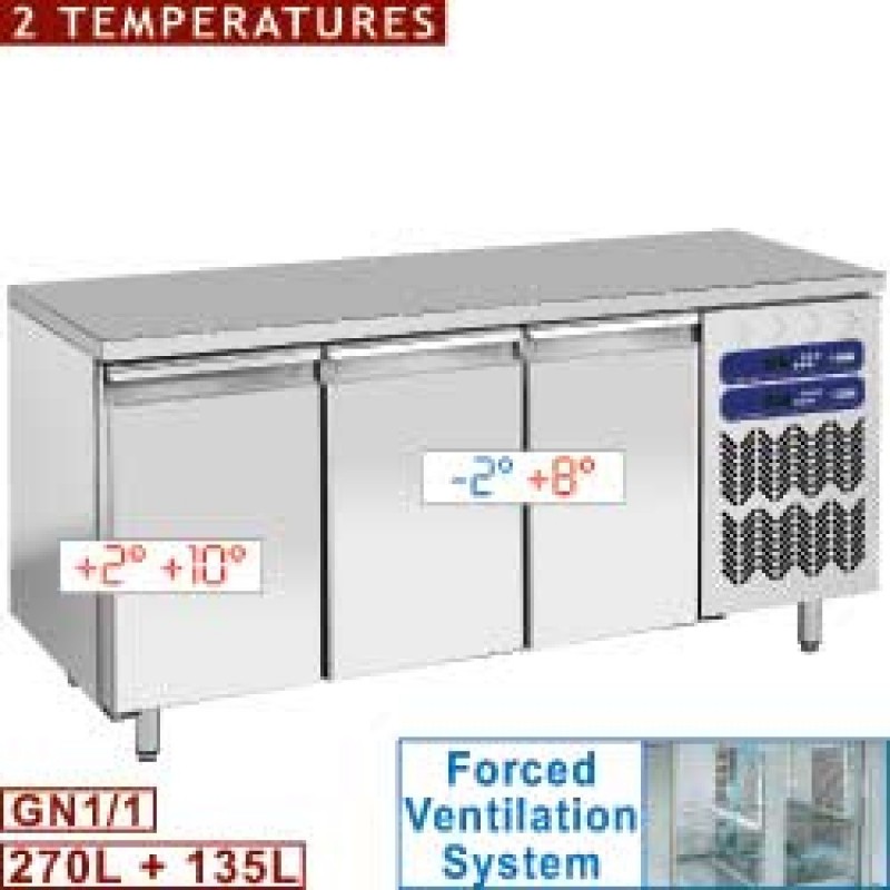 Table frigorifique, 2 températures, ventilée, 3 portes GN 1/1
