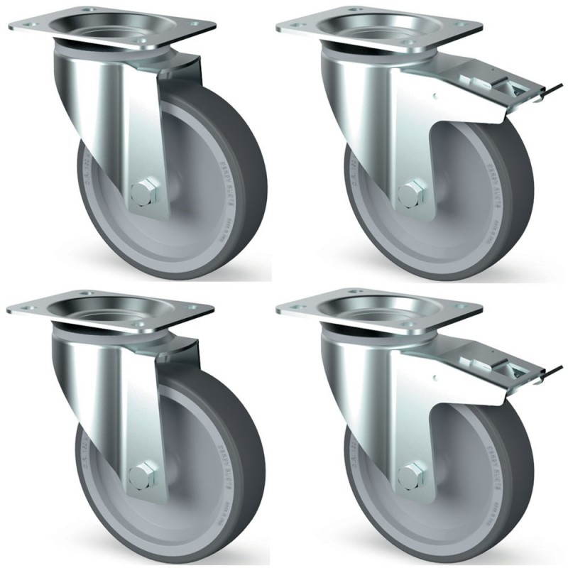 Kit 4 roues inox, pivotantes, 2x freins