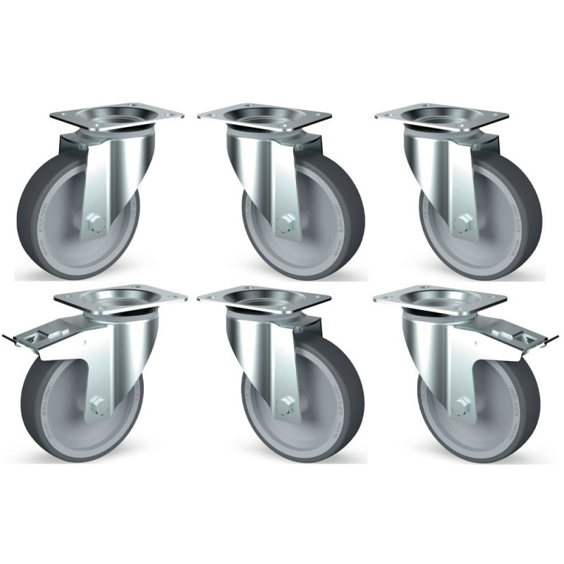Kit 6 roues inox, pivotantes, 2x freins