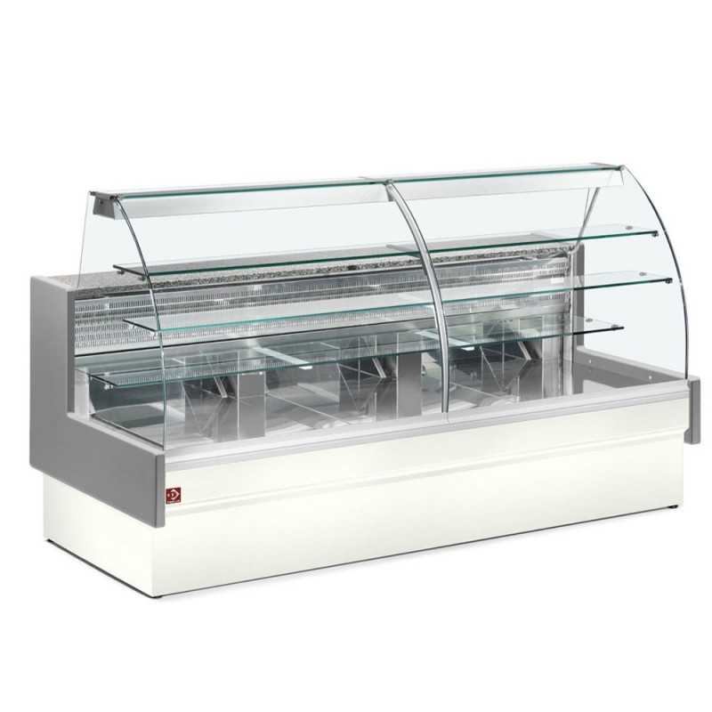 Comptoir vitrine réfrigéré, statique, chargement à tiroirs, vitre courbe, sans réserve - GRIS/BLANC